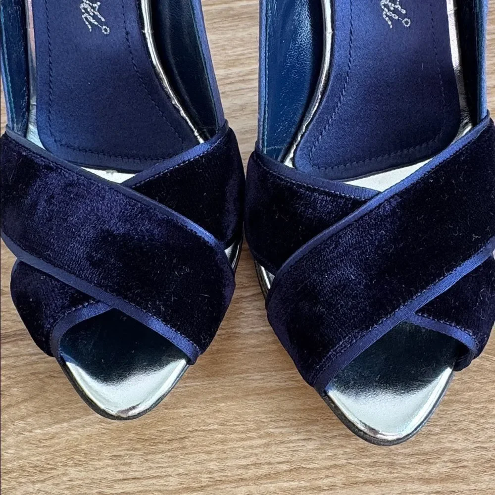 Gianmarco Lorenzi Blue Silk & Velvet Stiletto Heels Made in Italy Size EU 37.5